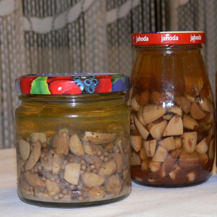 žaludy naložené v Deku (vlevo)